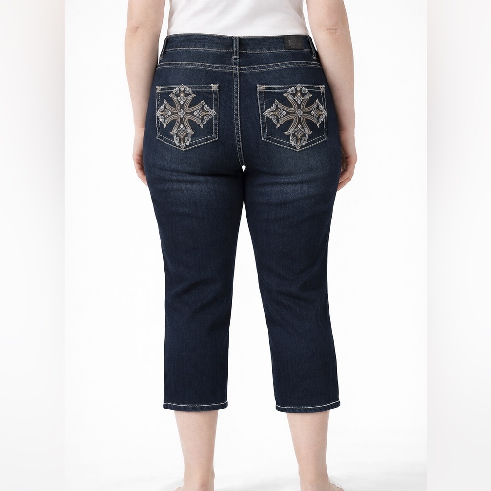 Embellished Cropped Dark Wash Jeans | Size 12 | Stretch Denim